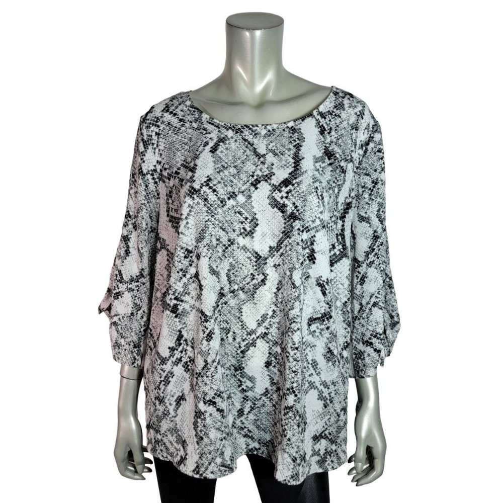Worthington Top Plus Size 1X Snake Print Crew Neck Tie Sleeve Casual Black